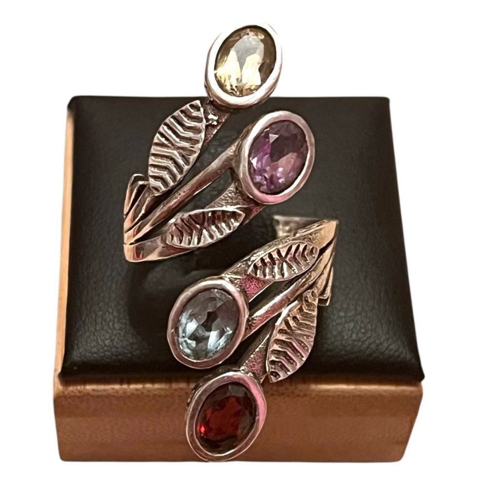 Amazing 925 Sterling Silver Citrine Amethyst Blue Topaz Garnet Leaf Ring Size 9